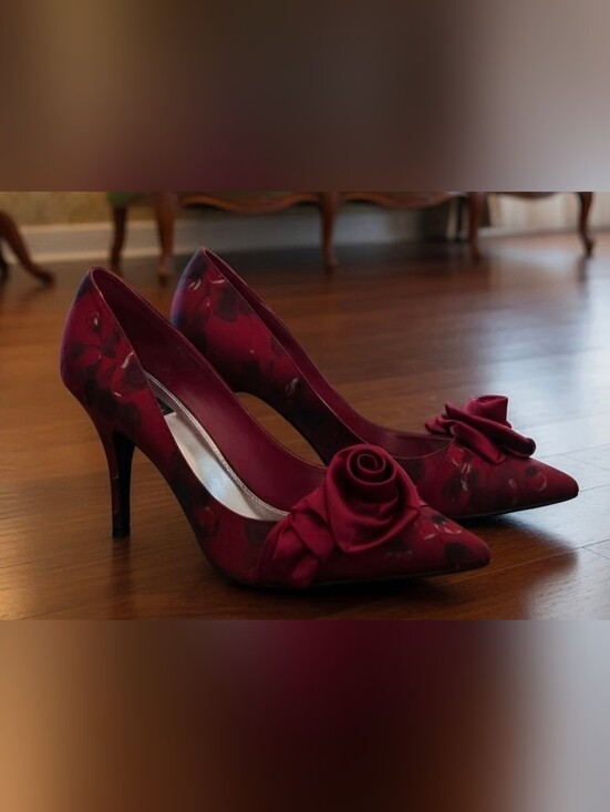 White House Black Market Shoes - WH/BM Women's Burgundy Floral Satin Pointed-Toe Pumps with Rosette